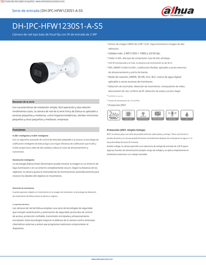 Camara Dahua DH-IPC-HFW1230S1-A-S5 ip bullet 2 mpx lente 2.8mm IR 30 m plastico microfono 102 gds apertura PoE IP67