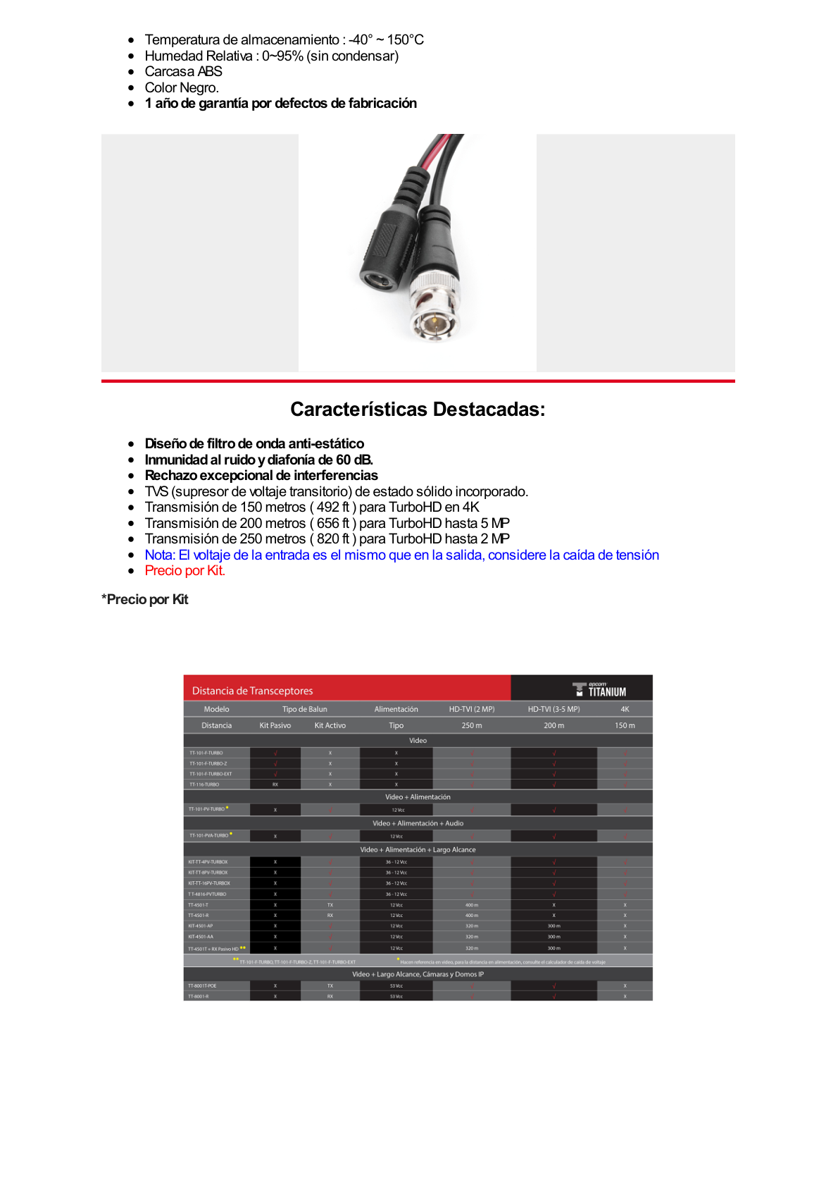 Kit de transceptores activos con conector para alimentación (12V/24Vcc/AC) TurboHD para aplicaciones de video por UTP Cat5e/6 en HD. Distancia de hasta 150 m en 4K