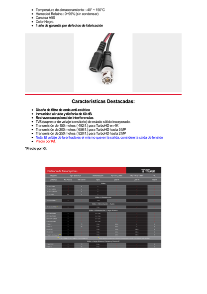 Kit de transceptores activos con conector para alimentación (12V/24Vcc/AC) TurboHD para aplicaciones de video por UTP Cat5e/6 en HD. Distancia de hasta 150 m en 4K