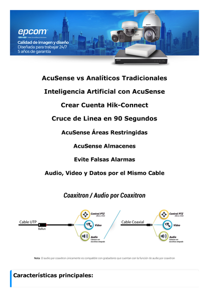 DVR 32 Canales TurboHD + 8 Canales IP / 5 Megapixel Lite - 3K Lite / Acusense (Evita Falsas Alarmas) / Audio por Coaxitron / 2 Bahías de Disco Duro / H.265+