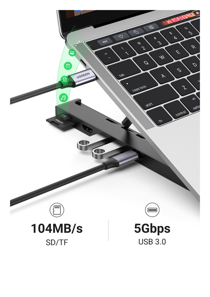 HUB (Docking Station) 5 en 1 con Soporte para Laptop | 2 USB 3.0 a 5Gbps | HDMI 4K@30Hz | Memoria Micro SD (TF) + SD | Amplia Compatibilidad de 10-15" | Ajuste de Altura | Aluminio | PC+ABS | Silicona | Color Negro.