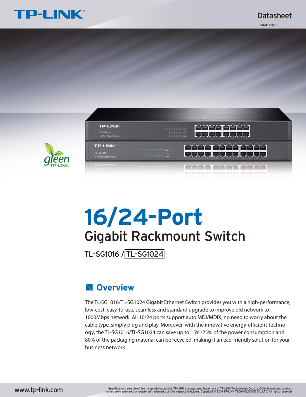 Switch TP-Link TL-SG1024 metálico montura rack 24 puertos gigabit 10/100/1000M no administrable