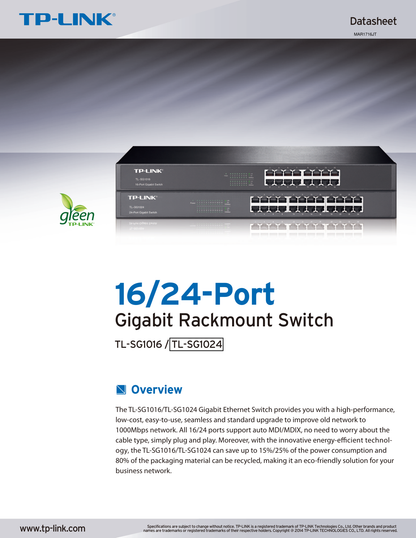 Switch TP-Link TL-SG1024 metálico montura rack 24 puertos gigabit 10/100/1000M no administrable