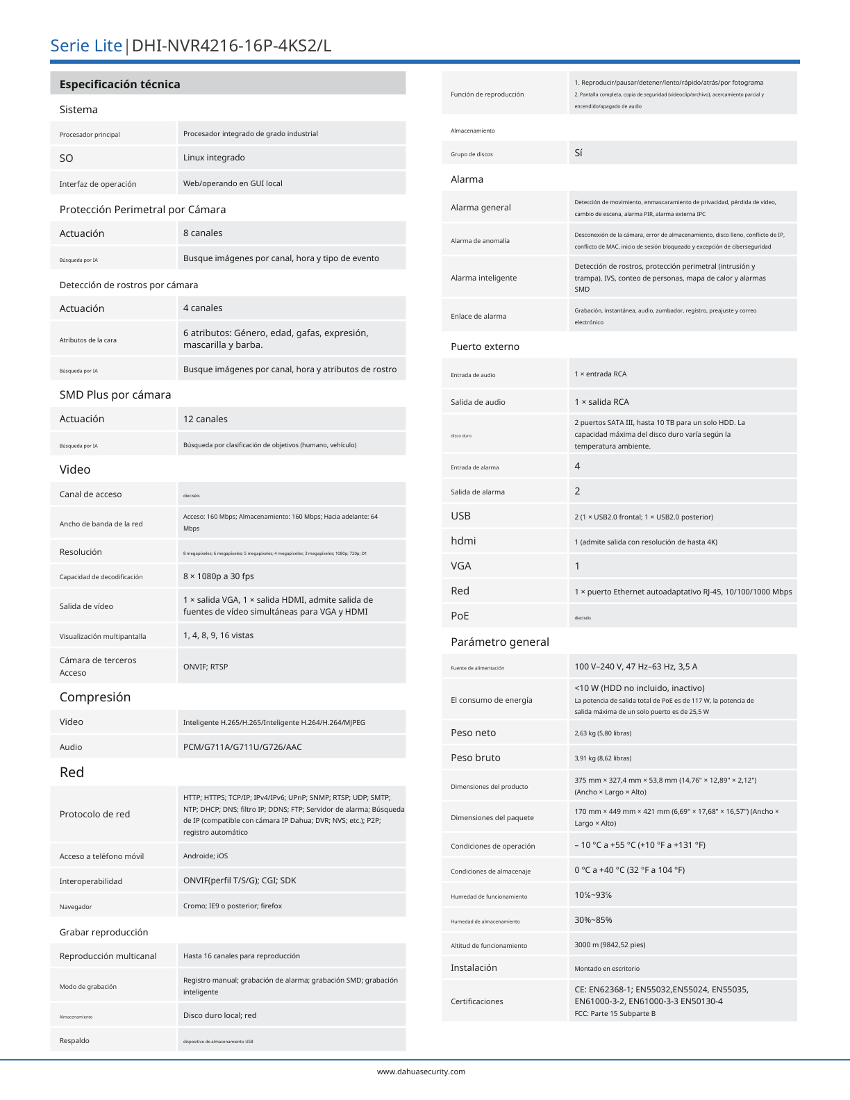 NVR Dahua DHI-NVR4216-16P-4KS3 8 mpx 4 k 16 canales IP 16 puertos PoE rendimiento de 160 mbps smart h265 2 bahias de discos duros salida de video HDMI&VGA