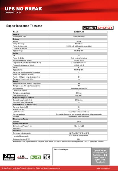 UPS serie OM CyberPower OM750ATLCD 750VA/300W AVR 6 NEMA5-15R (3 con protección batería) 120V Tel/USB