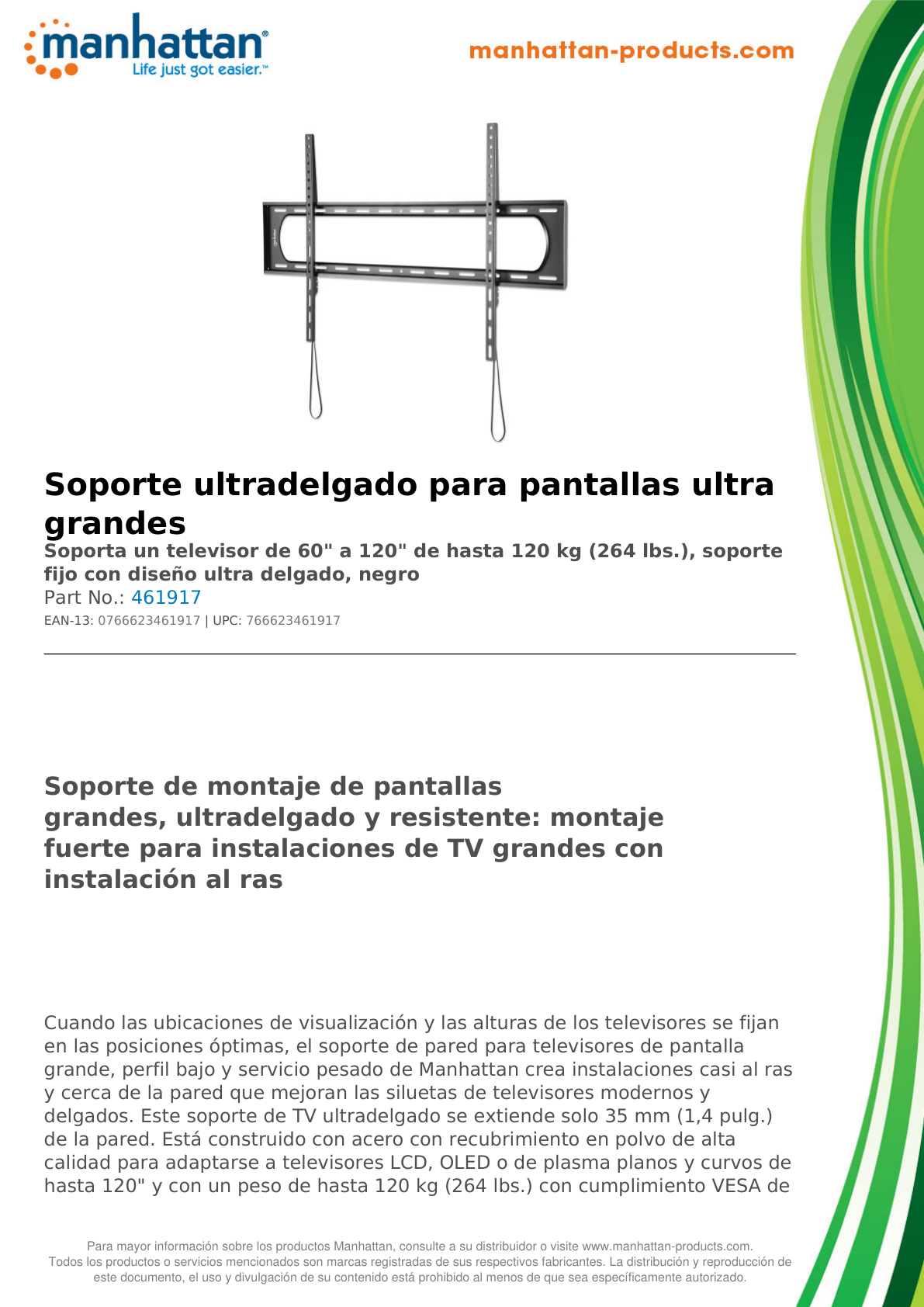 Soporte Manhattan para TV 60 a 120 pulg pared 120KG fijo ultra delgado negro plano o curvo