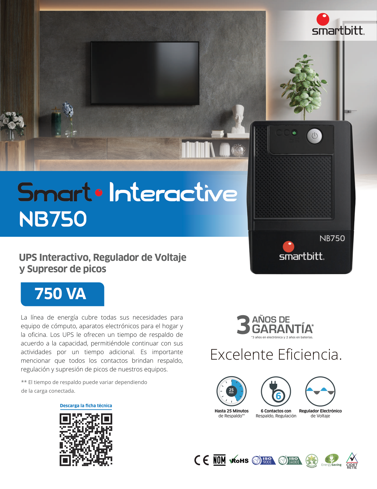 UPS interactivo Smartbitt SBNB750USB 750VA/475W 6 NEMA 5-15R con respaldo batería regulación y supresor de picos 1 puerto USB tipo B