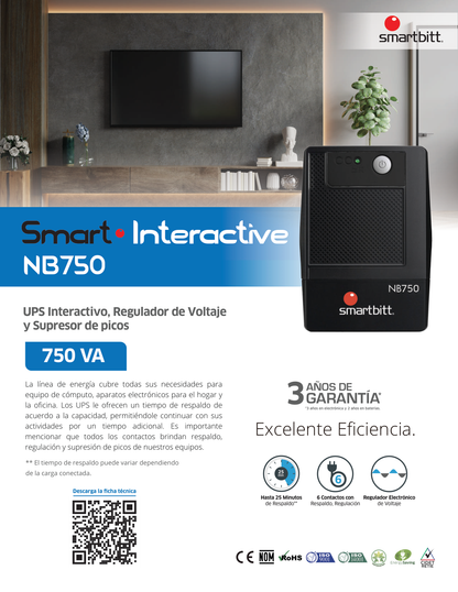 UPS interactivo Smartbitt SBNB750USB 750VA/475W 6 NEMA 5-15R con respaldo batería regulación y supresor de picos 1 puerto USB tipo B