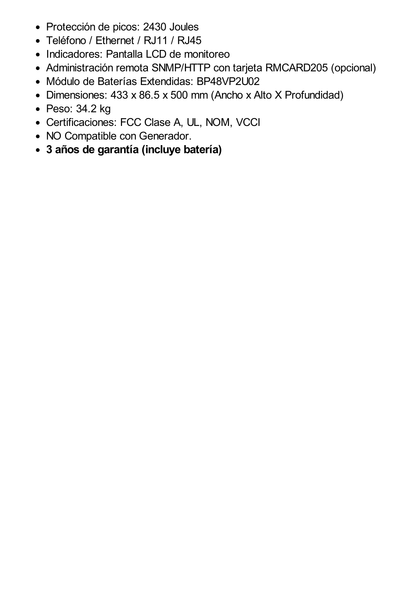 UPS de 3000 VA/3000 W, Topología Línea Interactiva, Entrada 120 Vca NEMA L5-30P, Onda Senoidal Pura, Torre o Rack de 2 UR, Con 8 Tomas 5-20R y 1 L5-30R