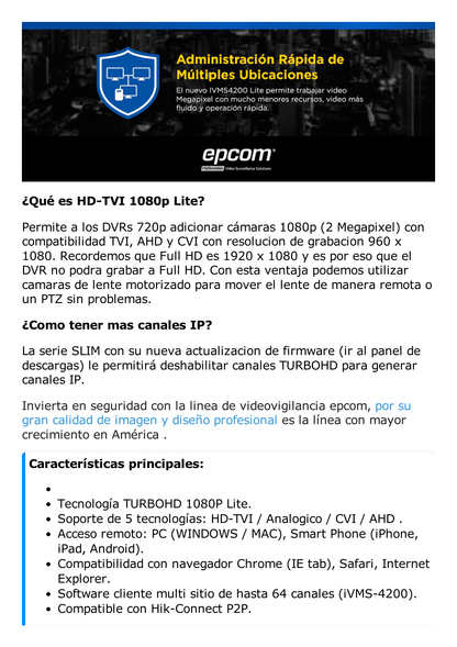 DVR 2 Megapixel (1080p) Lite / 16 Canales TURBOHD + 2 canales IP / 1 Bahía de Disco Duro / H.264+ / 1 Canal de Audio / Salida de vídeo Full HD