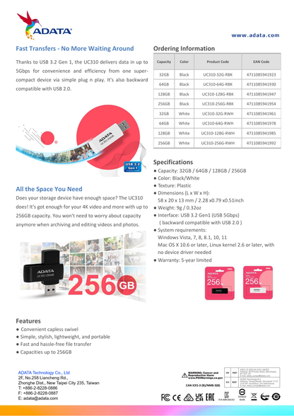 Memoria ADATA 128GB USB UC310 3.2 Negro lectura 100MB/s UC310-128G-RBK