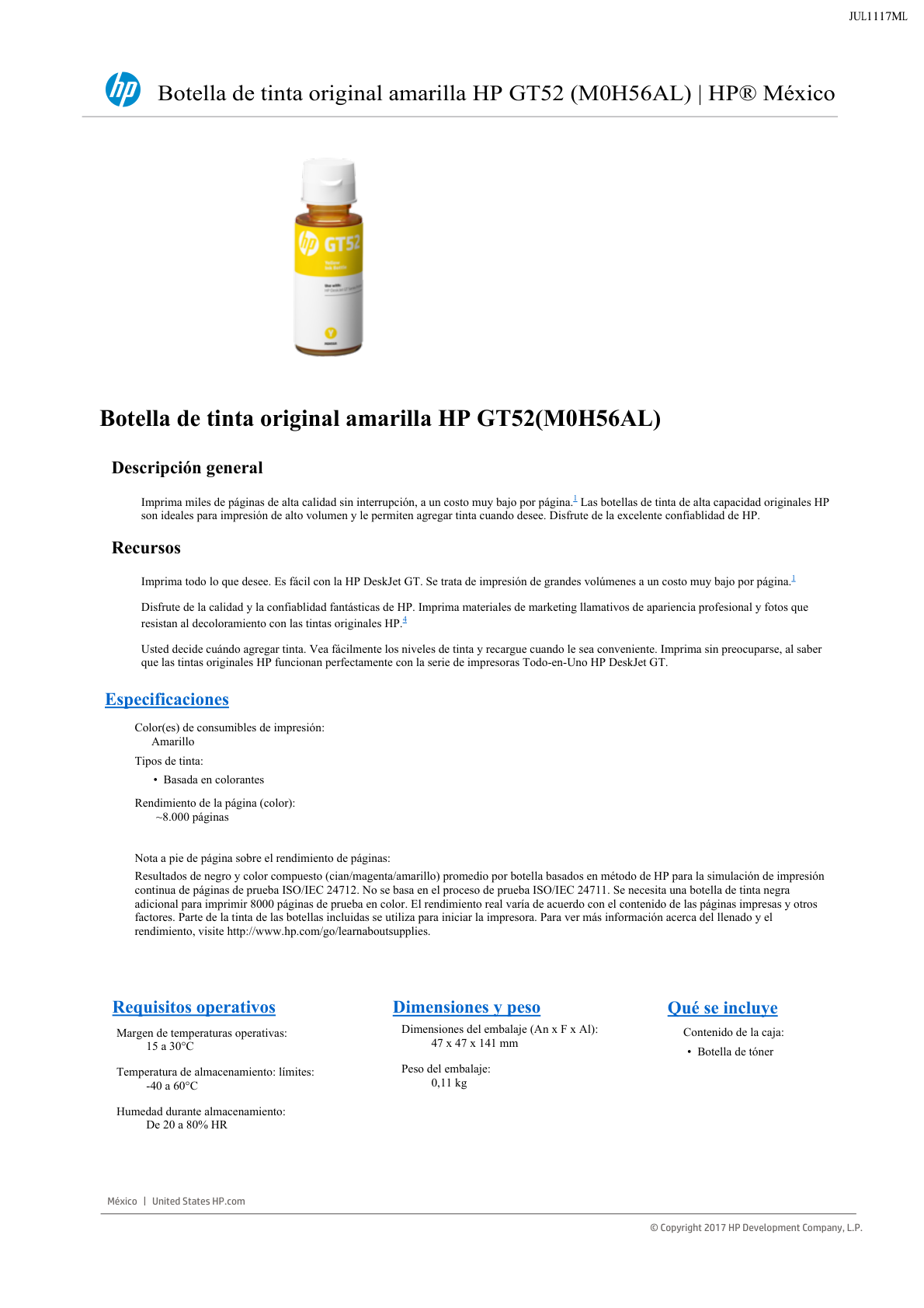 TINTA HP BOTE GT52 M0H56AL AMARILLO DESKJET GT5820/GT5810 70ML (8 000 PAG)