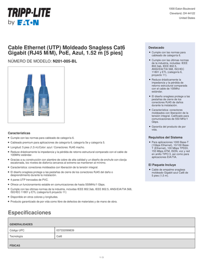 Cable patch UTP TrippLite N201-005-BL CAT 6 azul 1.52 m (5 pies) gigabit PoE RJ45 M/M Moldeado Snagless