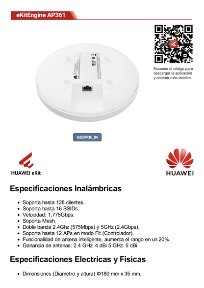 Punto de Acceso Wi-Fi 6 /  1.775 Gbps / MU-MIMO 2x2:2 (2.4GHz y 5GHz) / Smart Antenna 20% más cobertura / Instalación en techo y pared / Seguridad WP3 / Con Administración Gratuita desde la Nube