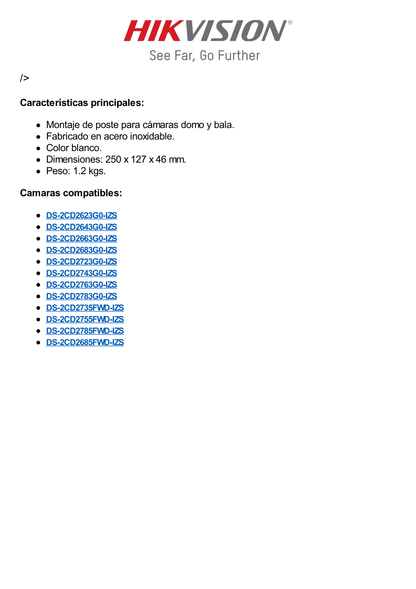 Montaje para Poste de cámaras Domo / Bala DS-2CD27XX / DS-2CD26XX