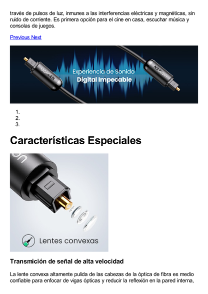 Cable Óptico Toslink (S/PDIF) de Alta Calidad para Audio Digital / 3 Metros / Tapa de Proteccion / Dolby 7.1 Canales / Diseño Durable / Plug & Play / Color Negro