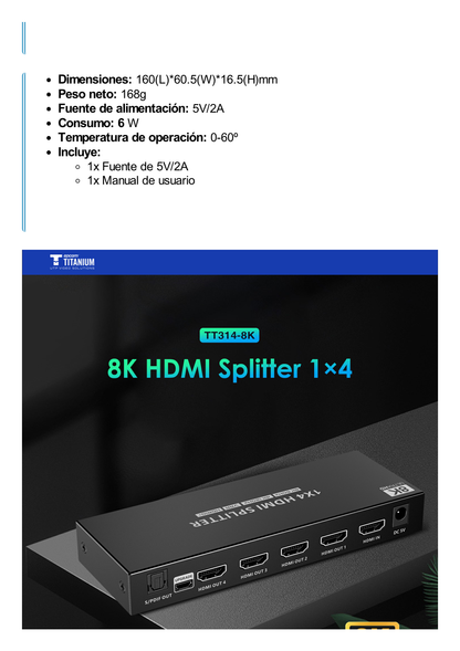 Splitter HDMI 1X4 | Velocidad de trasmisión 48 Gbps| Resolución 8K | Salida de audio| HDCP 2.3