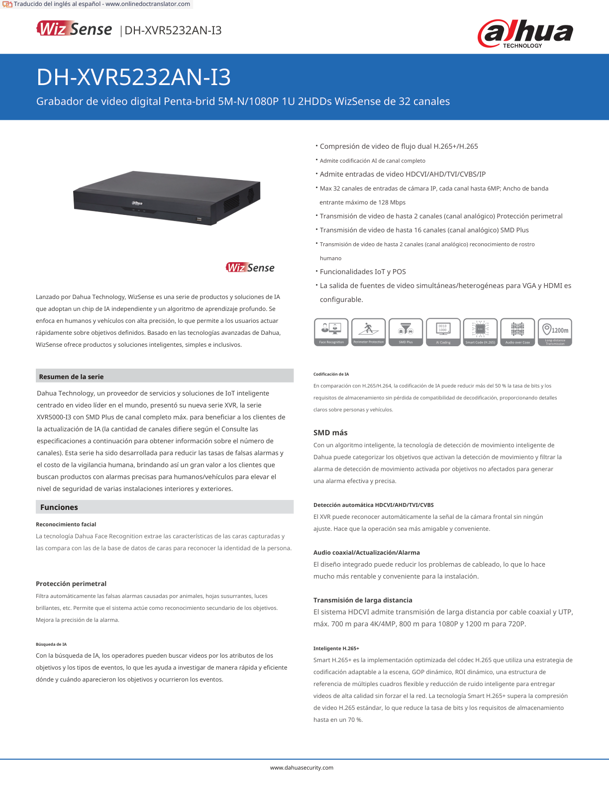 DVR Dahua DH-XVR5232AN-I3 32 canales de 5 mpx lite wizsense h.265 2 bahias de discos duros hasta 32 canales ip