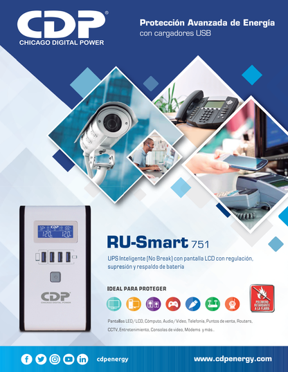 UPS inteligente CDP RU-SMART751 750VA/375W LCD 10 NEMA 5-15R (5 c/protección batería) 4x USB carga 5V 2.1A 1x RJ11/RJ45