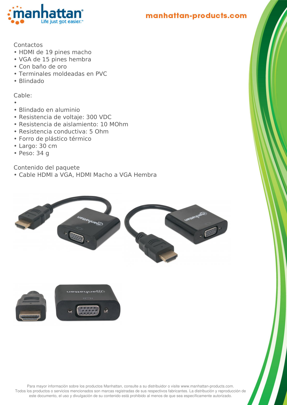 CONVERTIDOR MANHATTAN HDMI MACHO A VGA HEMBRA NEGRO