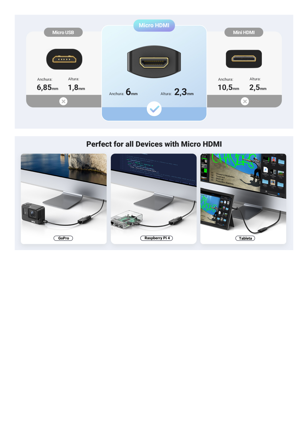 Adaptador Micro HDMI a HDMI (HDMI Tipo D)   / 18Gbps / 4K@60Hz / HDR /  Tecnología 3D / ARC / Carcasa PC+ABS / HDCP/ Longitud de 22 cm