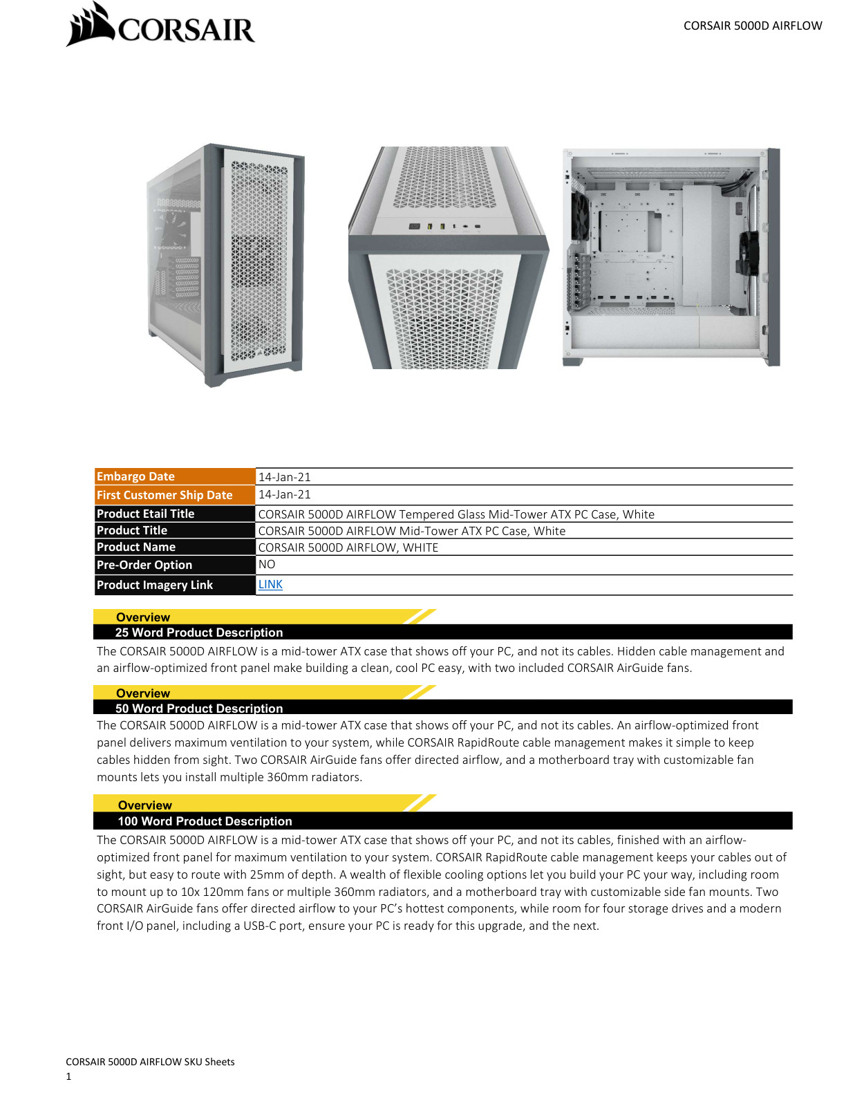 Gabinete Corsair 5000D AIRFLOW blanco cristal templado ATX semitorre 2*ventiladores