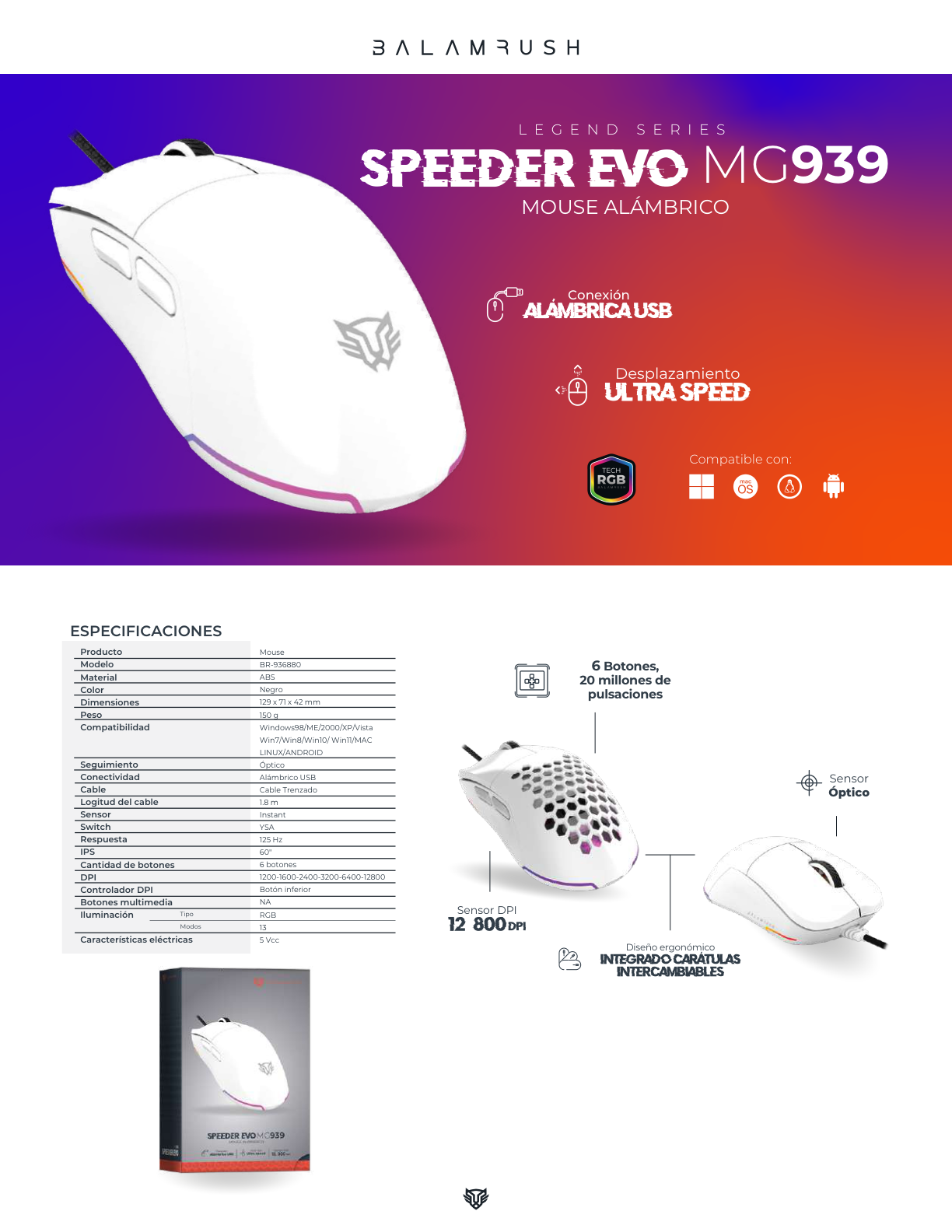 Mouse Balam Rush Speeder Evo MG939 Blanco Alambrico Caratulas intercambiables Ultraligero 12800DPI RGB 6 Botones