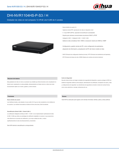 NVR DahuaDHI-NVR1104HS-P-S3/H 8 mpx 4k 4 canales ip 4 puertos PoE rendimiento de 80mbps salida de video HDMI&VGA 1 bahia de disco duro