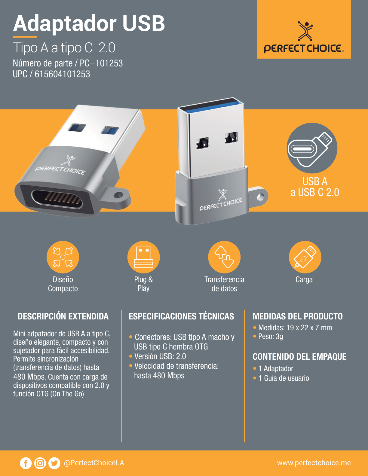 ADAPTADOR PERFECT CHOICE USB A MACHO A USB TIPO C HEMBRA