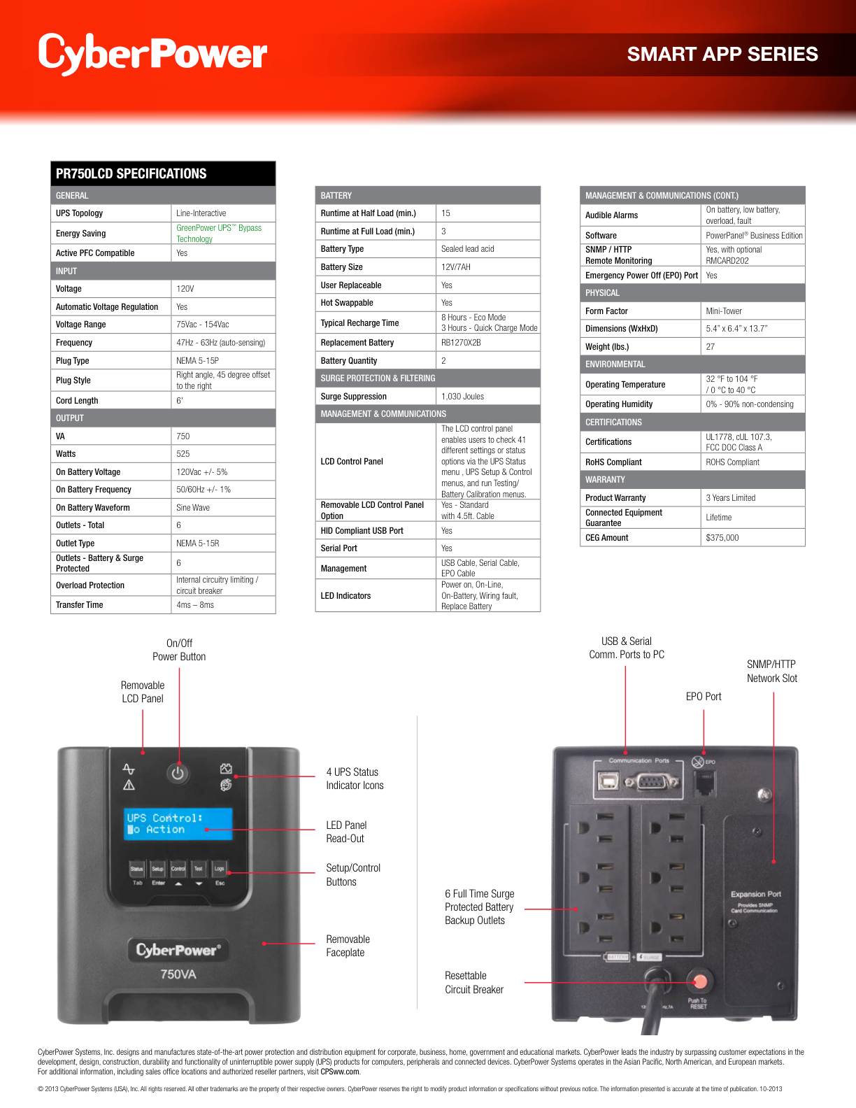 UPS Smart App CyberPower PR750LCD onda senoidal 750VA/525W AVR torre LCD 6 contactos NEMA5-15R Energy Star