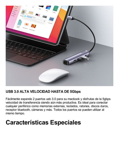 HUB USB-C (Docking Station) 5 en 1 | Ultra Delgado | 2 USB-A 3.1 a (5 Gbps) | HDMI 4K@60Hz | RJ45 (Gigabit Ethernet) | USB-C PD Carga Rápida 100W | Soporta OTG | Chips Inteligentes | Pequeño y Ligero | Caja de Aluminio.