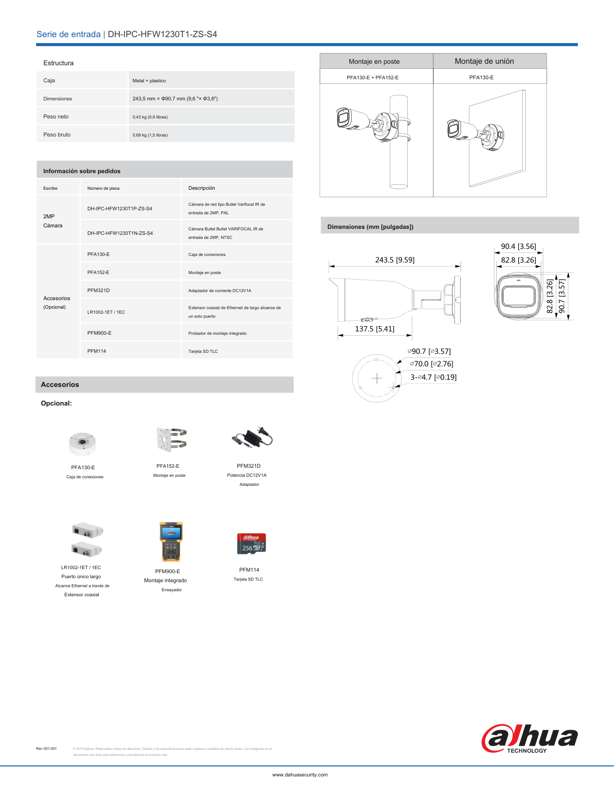 Camara Dahua DH-IPC-HFW1230T1N-ZS IP bullet 2 mpx lente motorizado 2.8 mm  h.265 IR 50 m PoE IP67