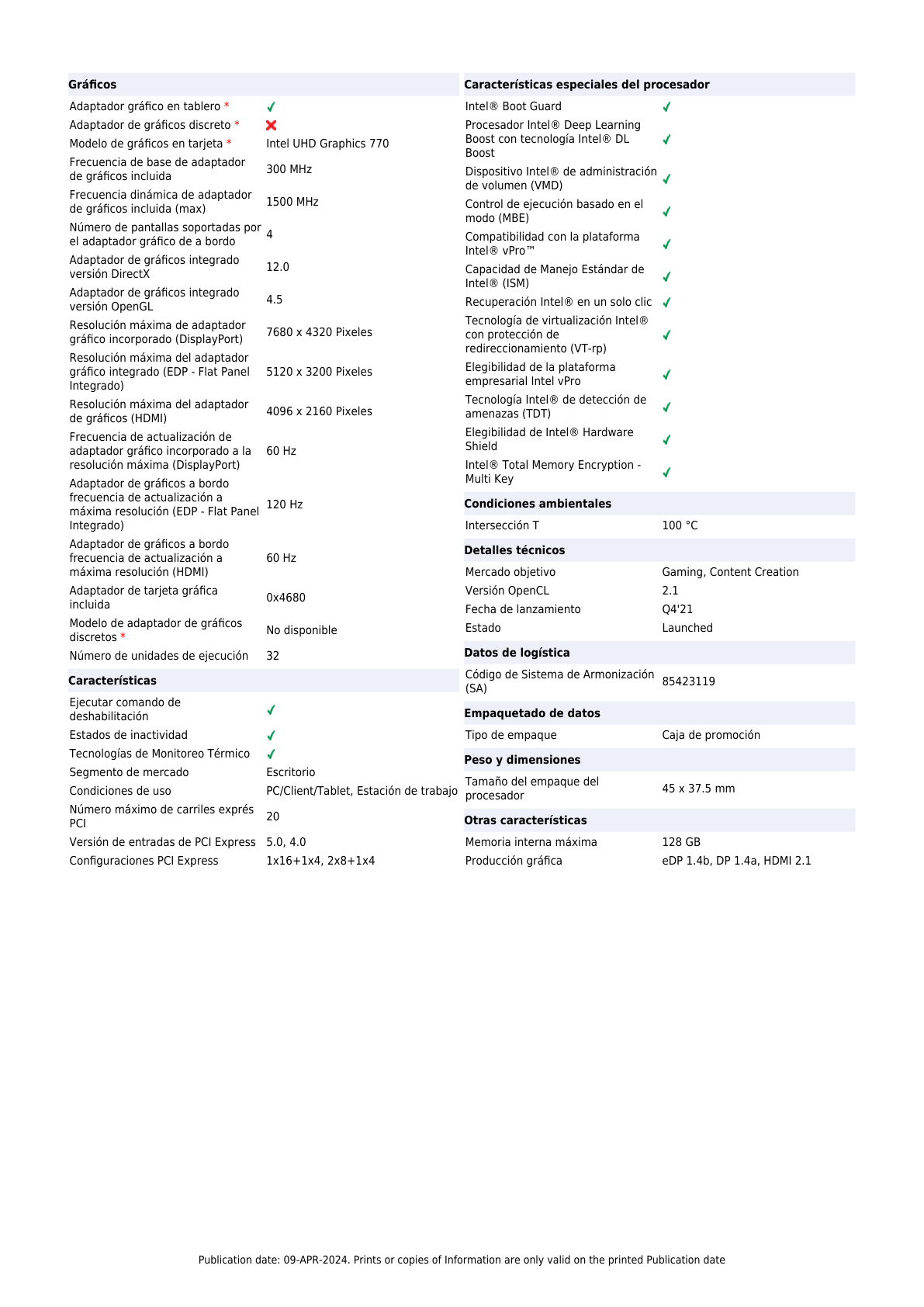 Procesador Intel Core I7-12700K LGA 1700 12a Gen 12Cores 3.60Ghz sin disipador