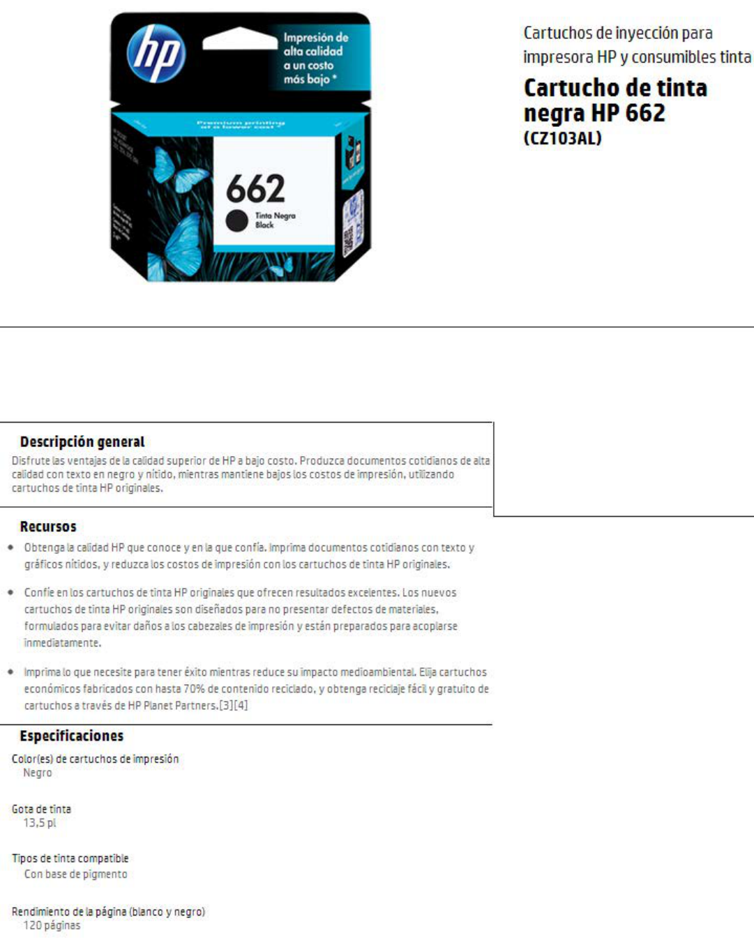 TINTA HP 662 CZ103AL NEGRO DESKJET 1015/1515/2515/3515/3545/4645/2545/2645 (120 PAG)