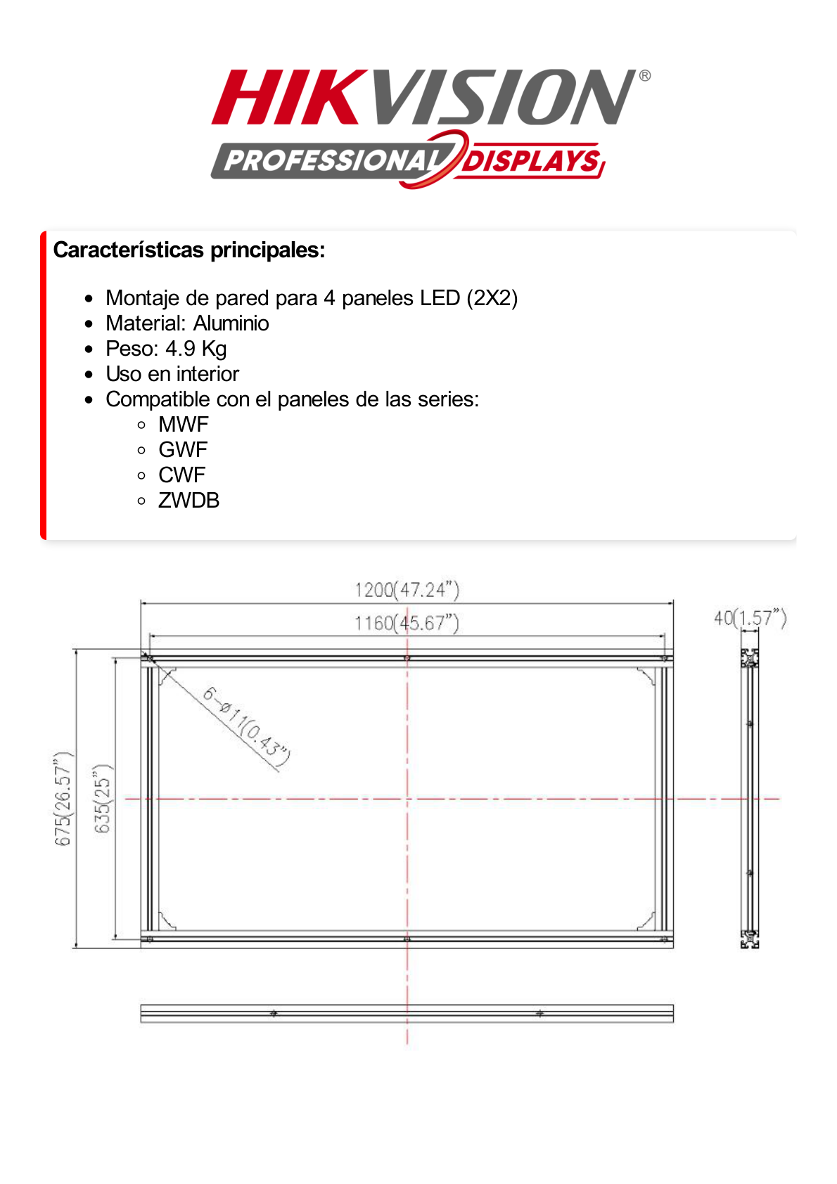 Montaje de Pared para 4 Paneles LED / Uso en Interior / Compatible con Series MWF, GWF, CWF y ZWDB