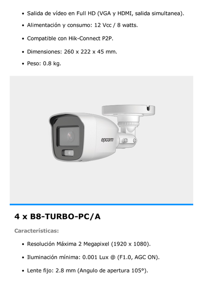 Kit TurboHD 1080p / DVR 4 Canales / 4 Cámaras Bala ColorVu con Microfono Integrado / Fuente de Poder / Accesorios de Instalación