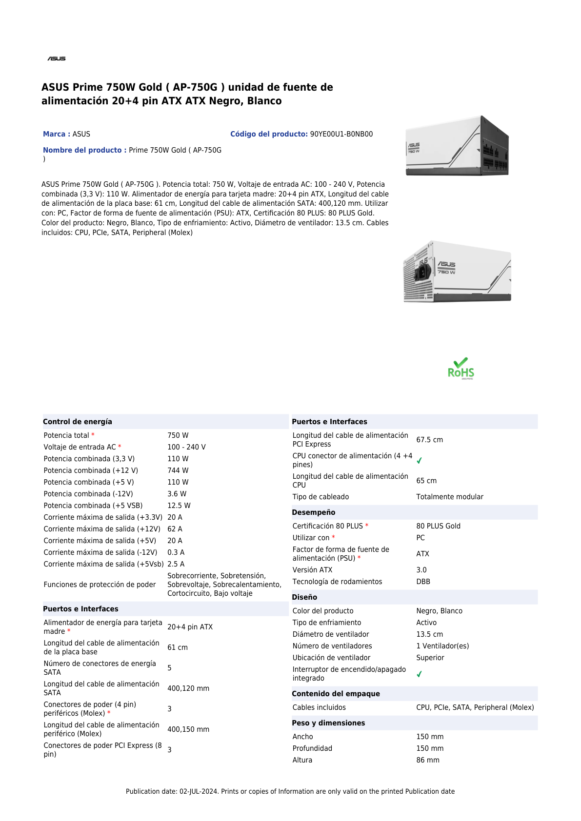 Fuente ASUS 750W AP-750G 80Plus Gold blanco-negro Modular ATX 3.0