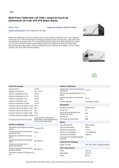 Fuente ASUS 750W AP-750G 80Plus Gold blanco-negro Modular ATX 3.0