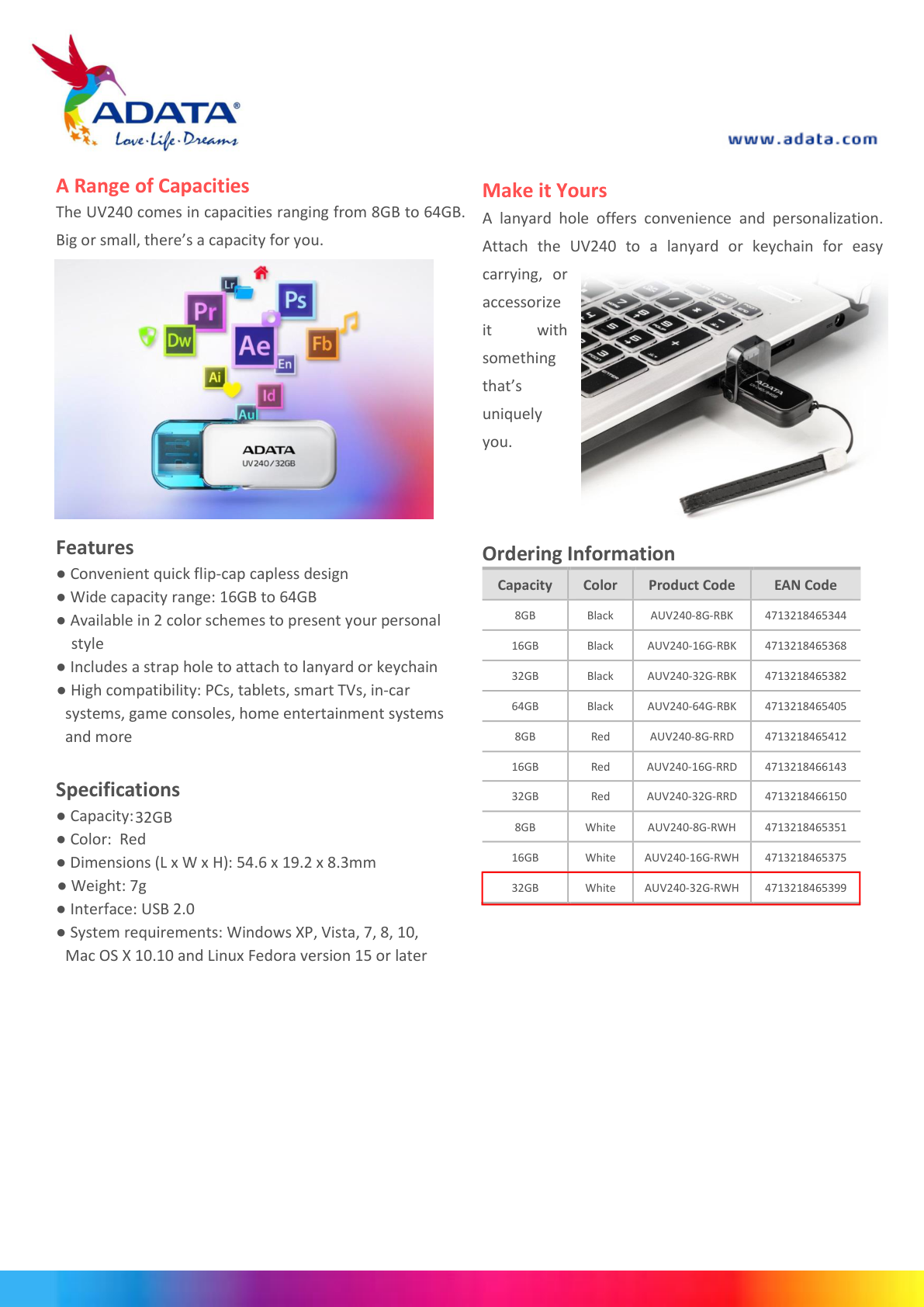 MEMORIA ADATA 32GB USB 2.0 AUV240-32G-RWH BLANCA