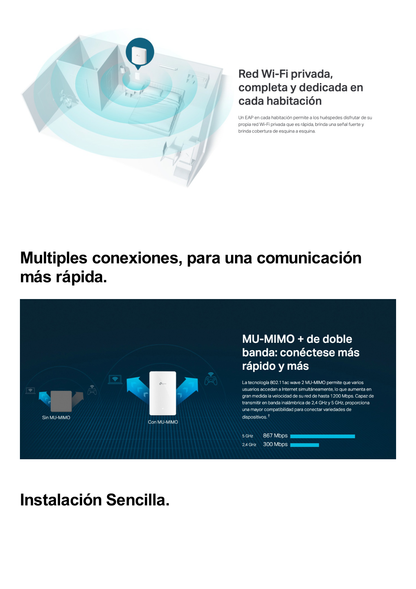 Punto de acceso Omada /  Doble Banda AC1200 MU-MIMO / Diseño para Pared con 3 Puertos Adicionales / Configuruación por Controlador o Stand-Alone / Alimentación PoE af/at