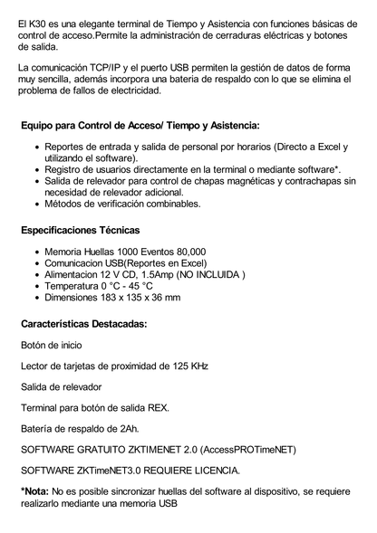 Checador de Huella y Tarjetas para Tiempo y Asistencia con Batería de Respaldo/ Comunicación TCP/IP / Reportes directo a Excel por USB (Función SSR) / Salida de relevador para cerradura