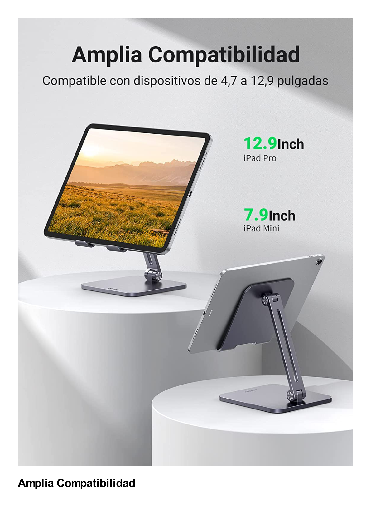 Soporte de Aluminio para IPad & Tablet | Plegable |Angulo Ajustable de 180° y 270° | Base Antideslizante | Protección  de Silicona | Amplia Compatibilidad con dispositivos de 7.9'' a 12.9'' | Aluminio Solido | Color Gris