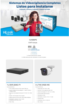 KIT DVR HILOOK BY HIKVISION 4 CANALES TURBOHD 1080P 4 CAMARAS BULLET METALICAS /FUENTE DE PODER/ ACCESORIOS