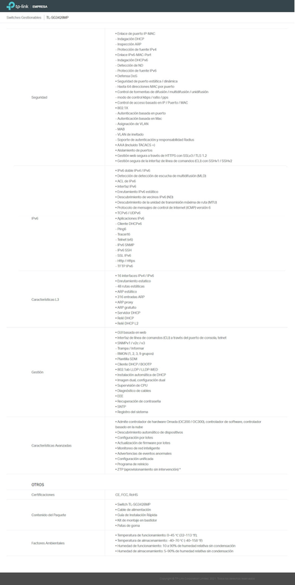 Switch TP-Link JetStream TL-SG3428MP administrable L2+ 24 puertos gigabit PoE+ 802.3at/af max. 384W 4 puertos SFP gigabit