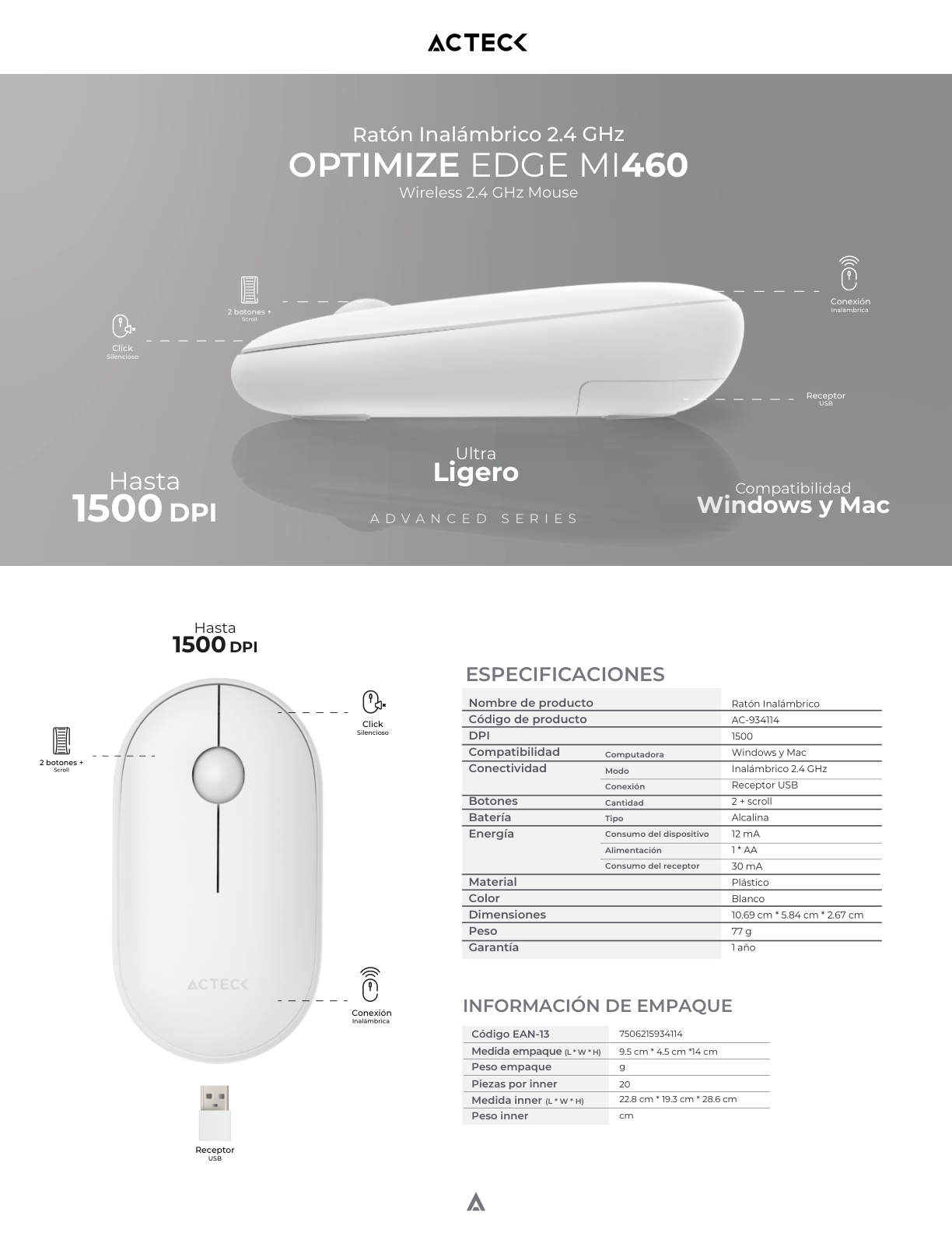 Mouse Acteck Optimize Edge MI460 Inalámbrico Blanco Diseño Delgado 1600DPI 2 Botones + 1