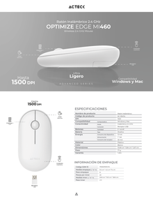 Mouse Acteck Optimize Edge MI460 Inalámbrico Blanco Diseño Delgado 1600DPI 2 Botones + 1