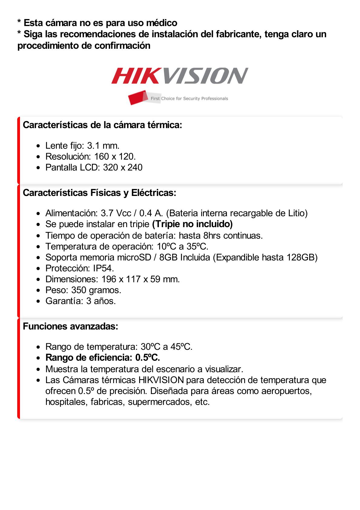 Cámara Térmica Industrial de Seguridad / Lente Térmico 3 mm / 2 METROS de DISTANCIA / IP54 / Grabación en SD