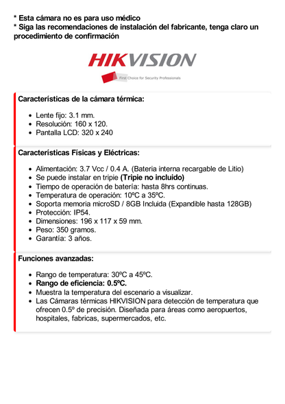 Cámara Térmica Industrial de Seguridad / Lente Térmico 3 mm / 2 METROS de DISTANCIA / IP54 / Grabación en SD