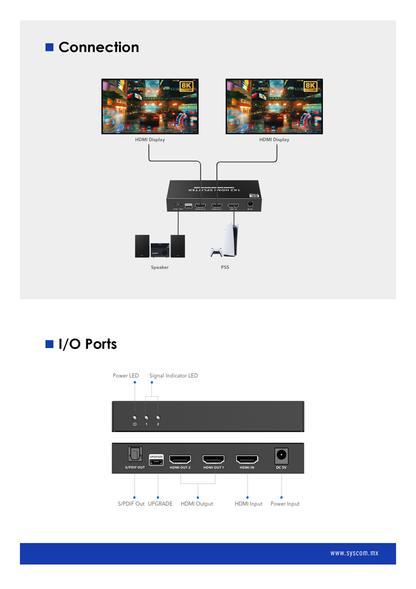 Splitter HDMI 1x2 | Velocidad de trasmisión 48 Gbps| Resolución 8k | Salida de audio| HDCP 2.3