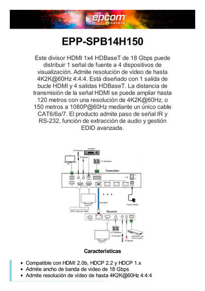 Splitter mas Extensor de Video | 1x4 | ProAV | HDBaseT™ | 120m en 4K@60Hz | 150m en 1080p@60Hz | Cat6/6a/7 | Gestión Avanzada EDID | Control IR y RS232 | PoC | Salida de Audio